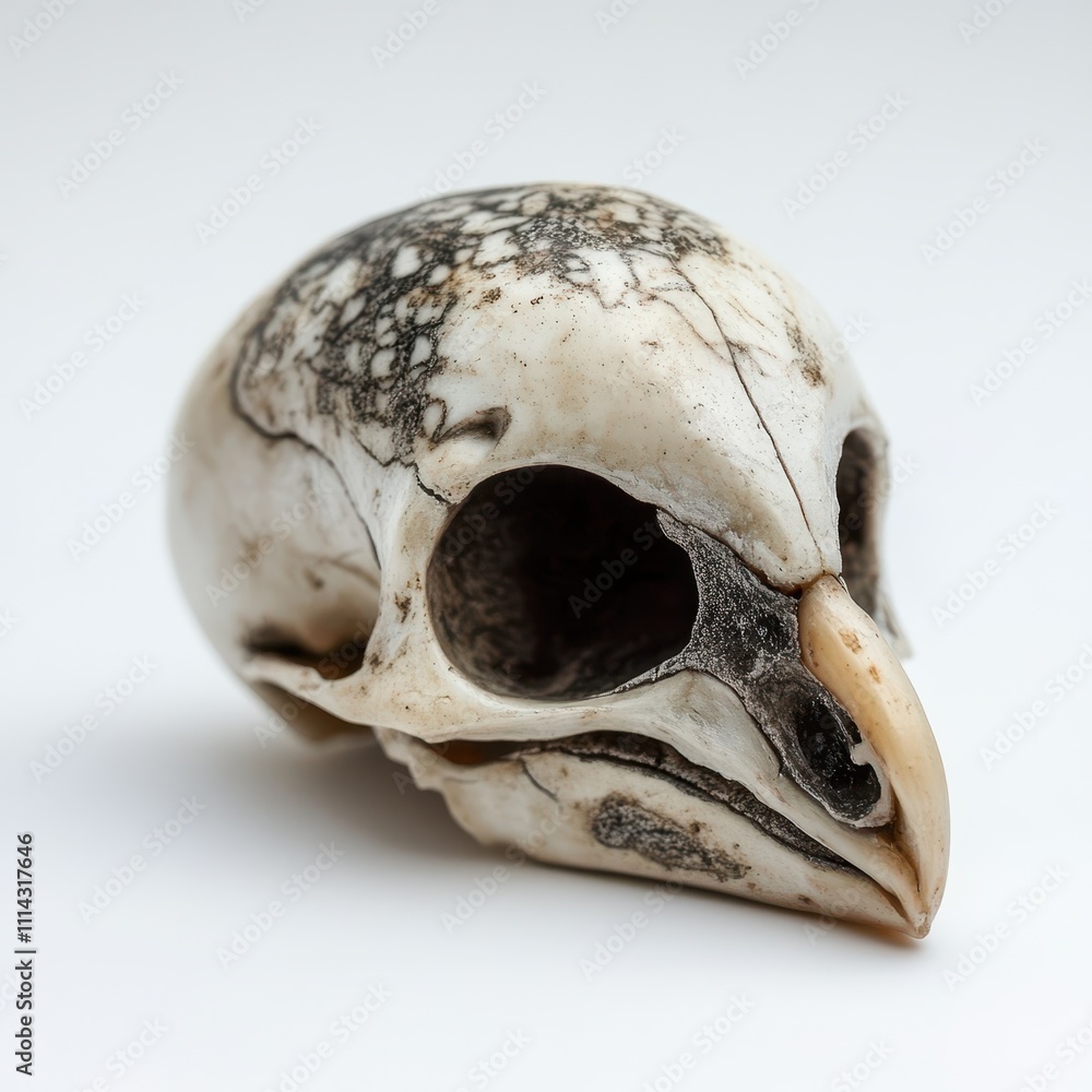 Naklejka premium A detailed, isolated skull of a small bird highlights the intricate bone patterns and textures, ideal for scientific study, on a white bbackground