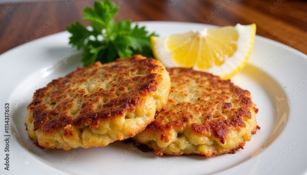 Crispy crab cakes served with lemon wedges and fresh cilantro on a white plate in a cozy setting Crispy crab cakes served with lemon wedges and fresh cilantro on a white plate in a cozy setting