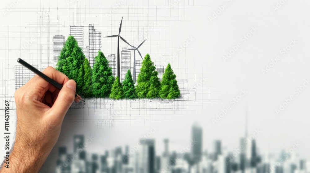 Environmental Consideration Concept. A hand drawing green trees on an urban landscape blueprint. Environmental Consideration Concept. A hand drawing green trees on an urban landscape blueprint.