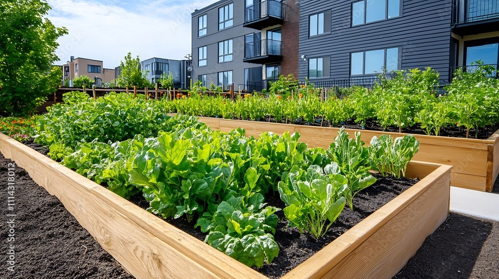 Vibrant Community Garden in Residential Urban Setting with Raised Planting Beds Vibrant Community Garden in Residential Urban Setting with Raised Planting Beds