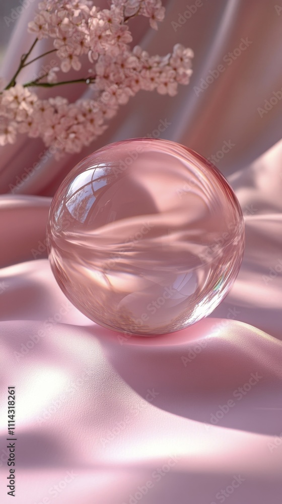 Visual of a translucent sphere resting on a serene pink surface Visual of a translucent sphere resting on a serene pink surface