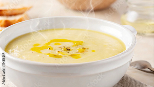 A steaming bowl of creamy potato leek soup garnished with black pepper and olive oil served in a white ceramic dish.