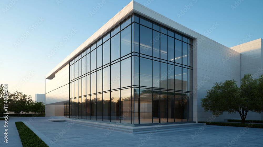 Obraz premium Modern glass building facade reflecting the serene sky and trees, showcasing contemporary architectural design excellence.