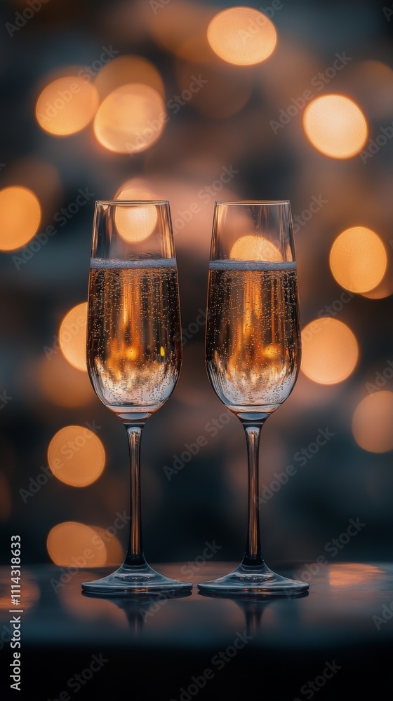 Glasses of sparkling beverage with festive lights in the background at a celebration Glasses of sparkling beverage with festive lights in the background at a celebration