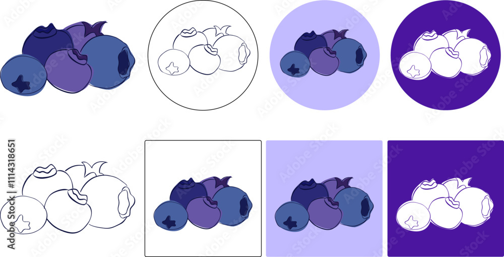 Obraz premium graphic line vector blueberry set of logos om colored background, five lying heaps of berries with leaves, falling bilberries