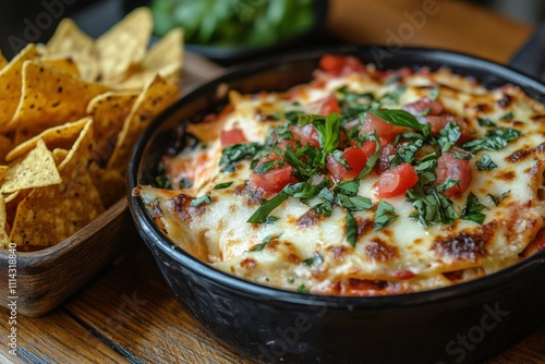 Cheesy layered casserole with chips and fresh toppings, perfect for casual gatherings