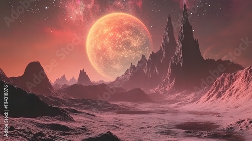 Wallpaper Mural Alien landscape with red planet and mountains under a pink and purple nebula sky. Torontodigital.ca