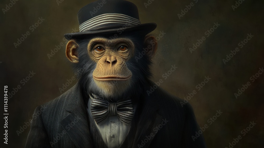 Elegant Monkey Wearing Formal Attire with Bowtie and Hat Elegant Monkey Wearing Formal Attire with Bowtie and Hat