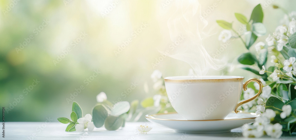 steaming teacup elegantly arranged with delicate flowers and greenery creates serene atmosphere. soft light enhances tranquil setting, inviting relaxation steaming teacup elegantly arranged with delicate flowers and greenery creates serene atmosphere. soft light enhances tranquil setting, inviting relaxation