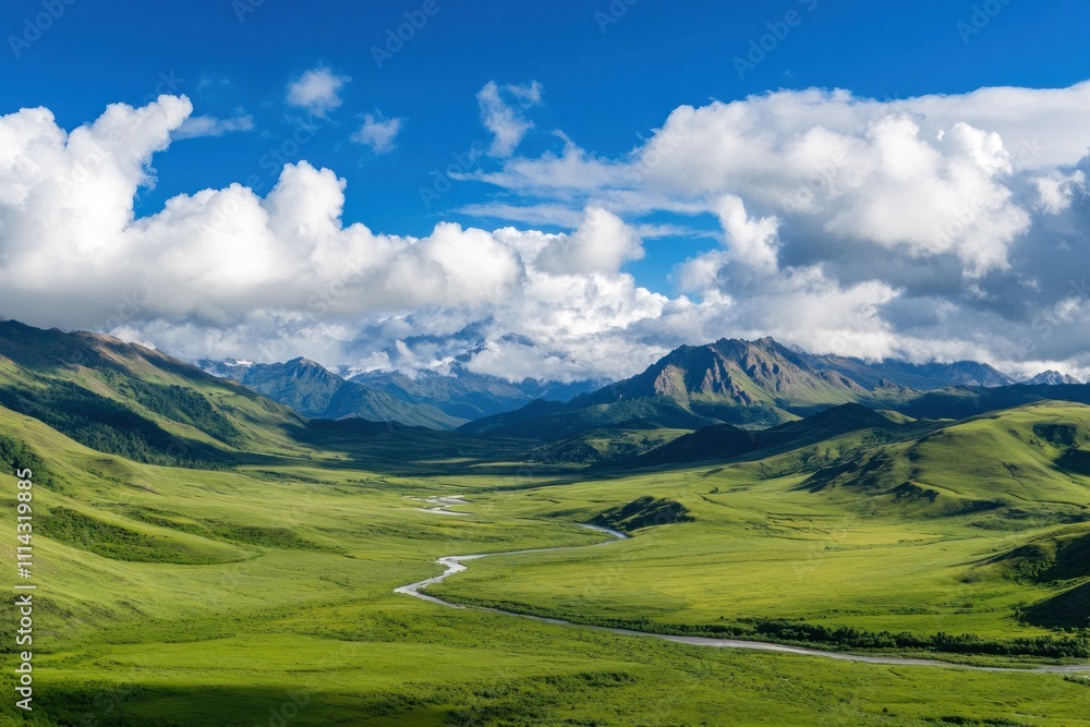 Fototapeta premium Serene River Valley Winding Through Lush Green Mountains