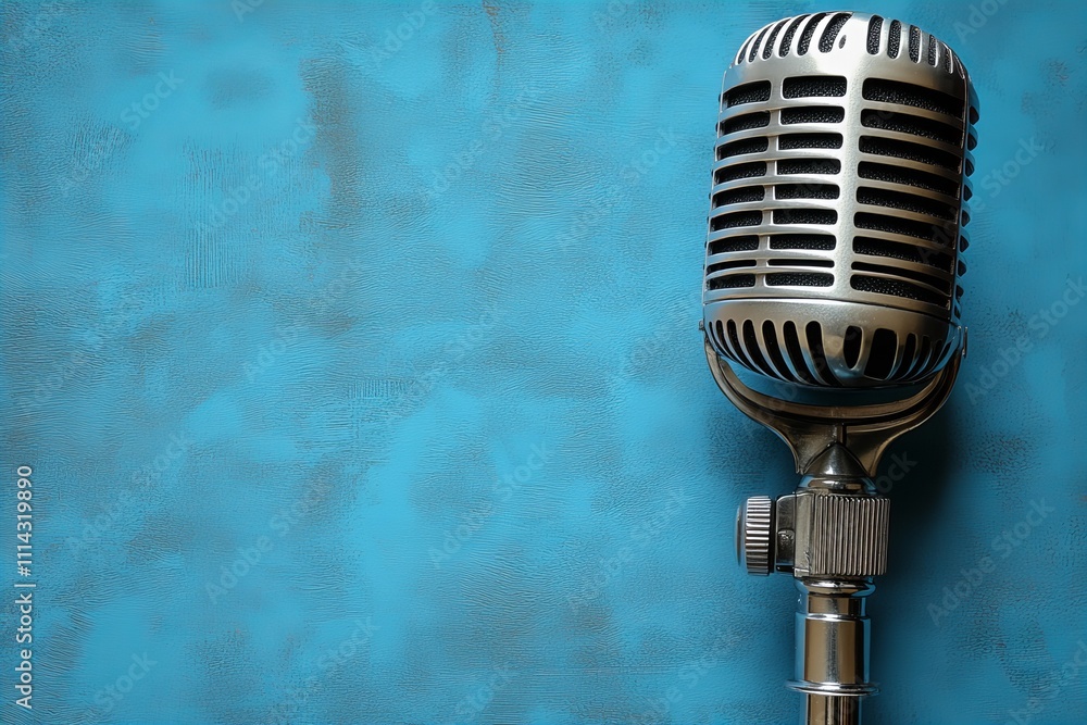 Fototapeta premium World press freedom day: retro microphone on blue background for media and journalism themes
