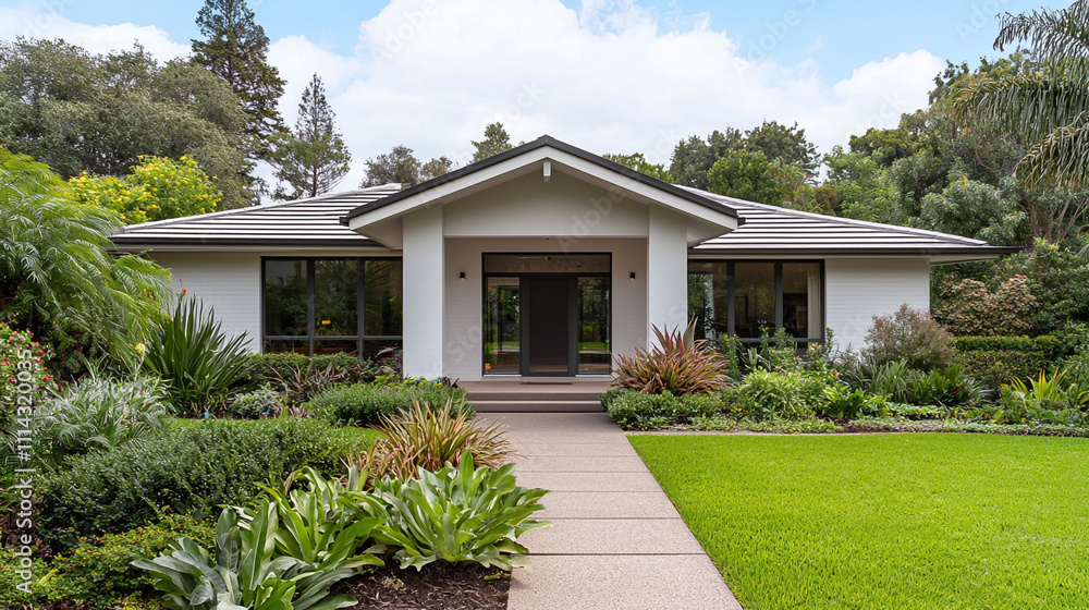 Modern house with lush garden, showcasing contemporary design and serene landscape, perfect for tranquil living. Modern house with lush garden, showcasing contemporary design and serene landscape, perfect for tranquil living.