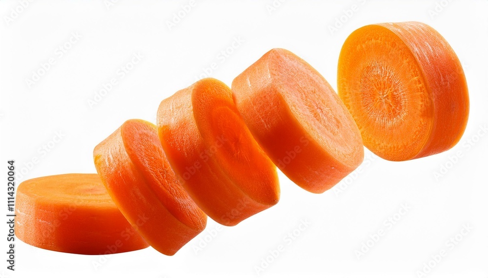 Floating slices of fresh carrot isolated on a white background, perfect for food photography, nutrition ads, and healthy recipe designs Floating slices of fresh carrot isolated on a white background, perfect for food photography, nutrition ads, and healthy recipe designs