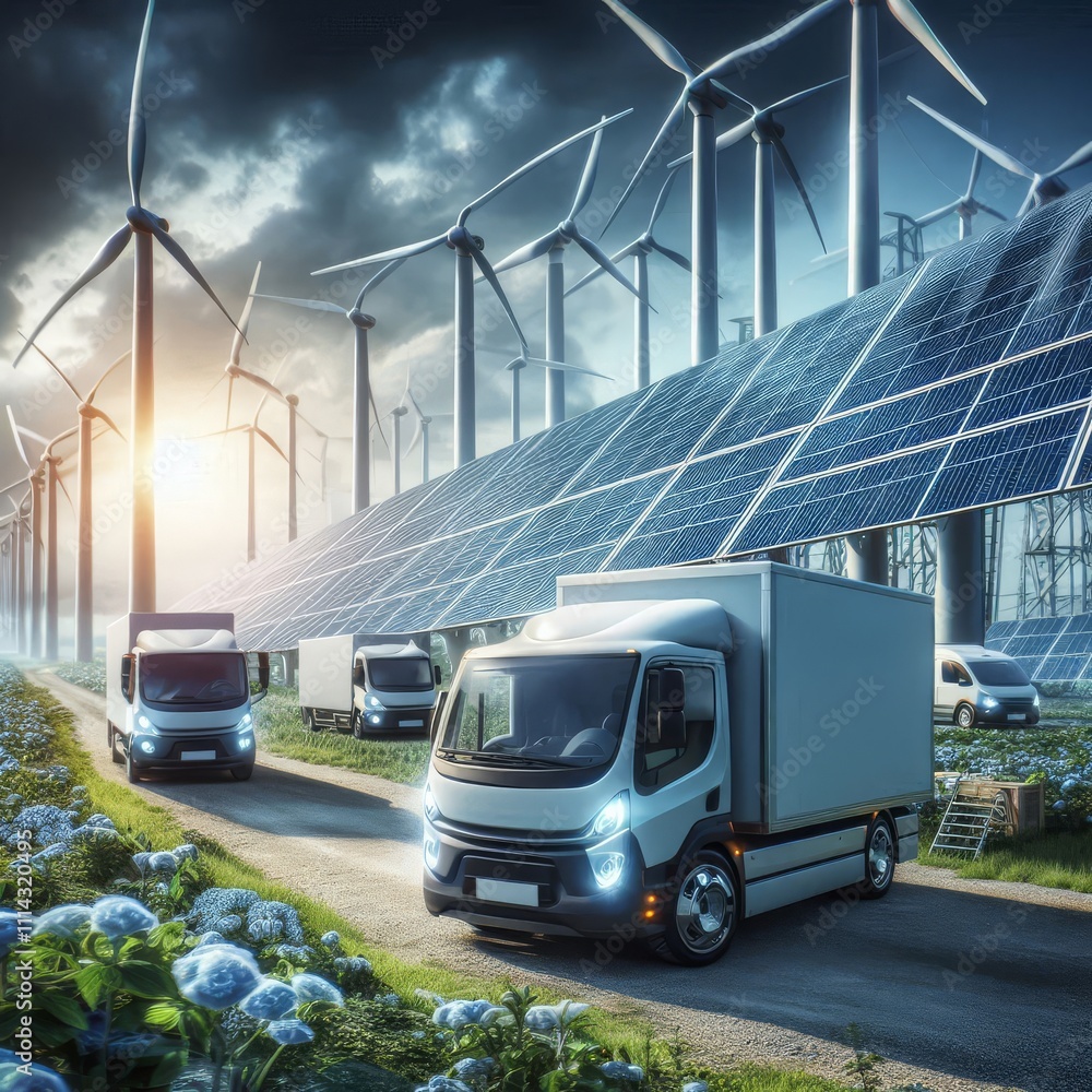 Fototapeta premium Against a backdrop of renewable energy infrastructure, electric vehicles designed for green logistics stand ready for deployment. The scene emphasizes the integration of sustainable transportation
