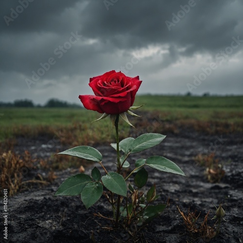 A red rose on a battlefield under a gray sky.