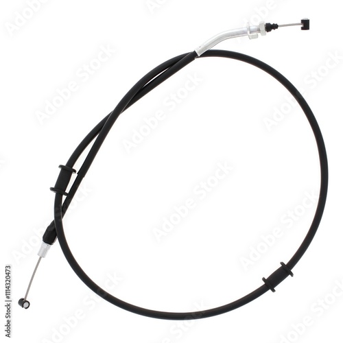 A detailed closeup image of a throttle cable set against a white background