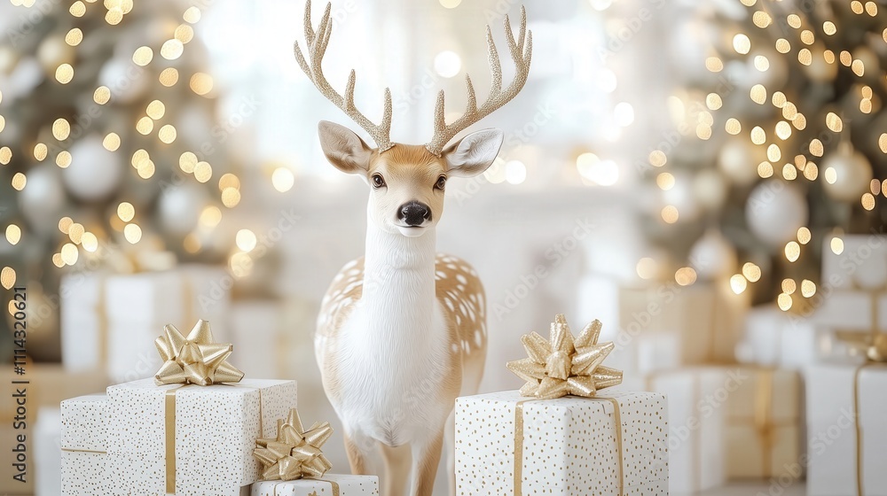 Fototapeta premium Magical White Deer Portrait with Christmas Bokeh Lights