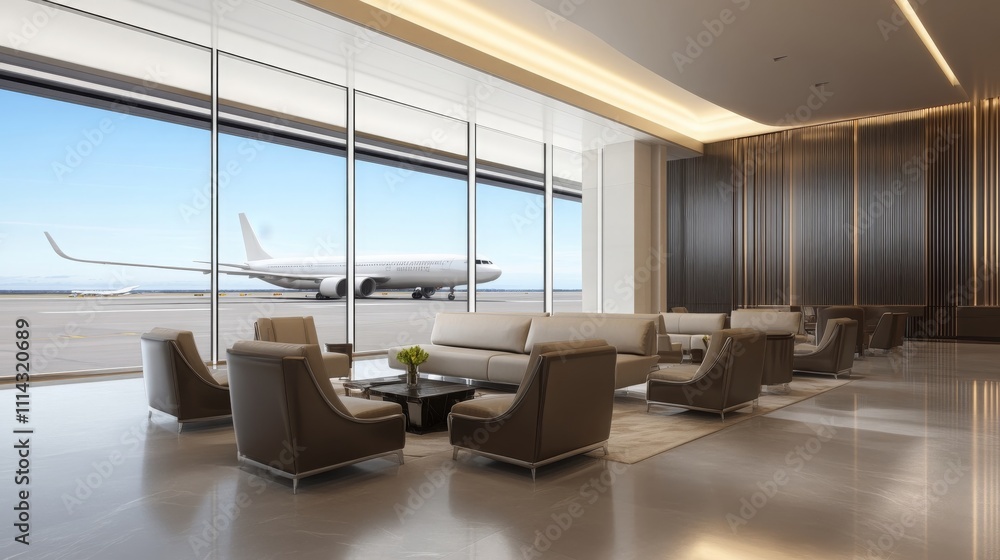 Luxurious Airport Lounge with Panoramic Airplane View Luxurious Airport Lounge with Panoramic Airplane View