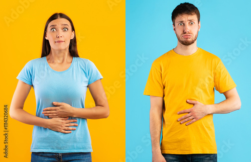Canvas Print Young female and male touching stomaches, feeling satiety after eating hearty me