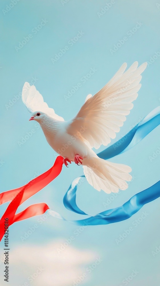 Obraz premium White dove flying with flowing blue and red ribbons against a bright sky