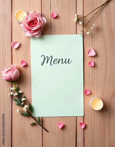 A top down, flat lay composition of a vertical sheet of paper positioned on a rustic wooden surface. Perfect for promoting Valentine's Day menus or romantic celebrations. Vetical mock up. photo