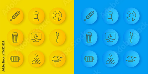 Set line Barbecue grill, Salt, Location with fire flame, Roasted turkey or chicken, fork, Grilled shish kebab, Sausage and Pepper icon. Vector