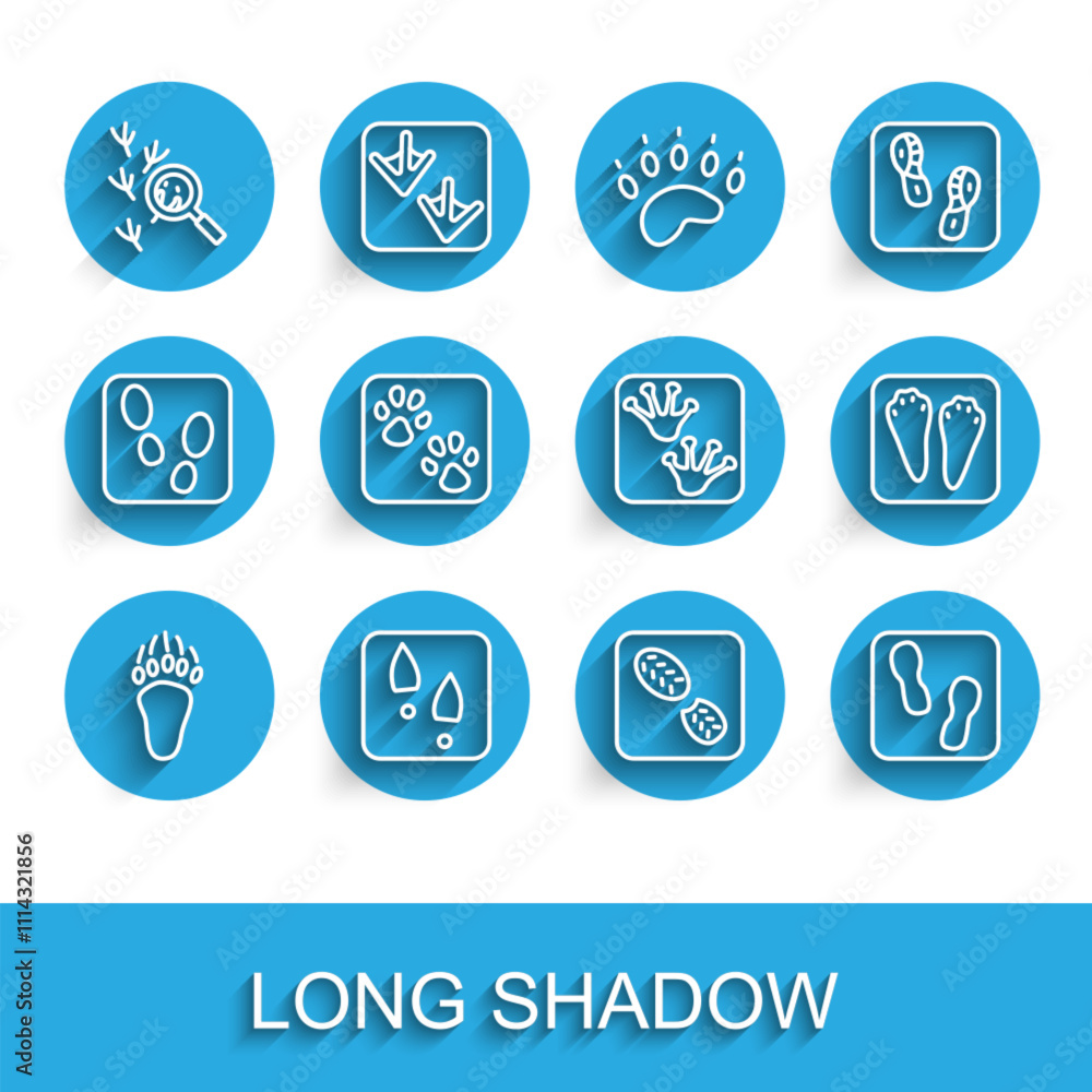 Set line Bear paw footprint, Human footprints shoes, Bird, Paw, Rabbit and hare and Frog icon. Vector Set line Bear paw footprint, Human footprints shoes, Bird, Paw, Rabbit and hare and Frog icon. Vector