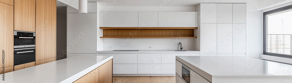 Modern minimalist kitchen with white cabinets and wood accents, featuring a sleek design and natural light. Modern minimalist kitchen with white cabinets and wood accents, featuring a sleek design and natural light.