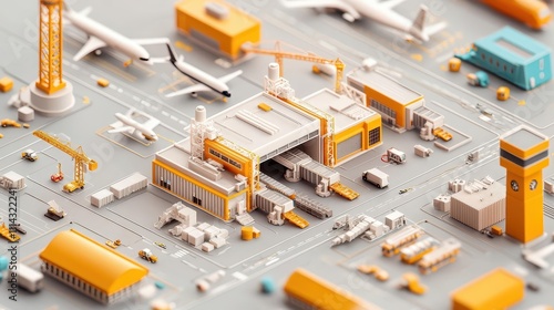 Isometric airport expansion with cranes building new gates and loading areas