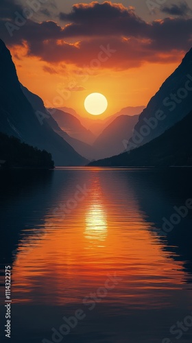 Sunset reflecting over calm water surrounded by mountains in serene landscape