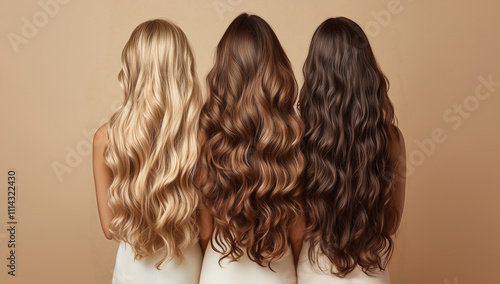 Three girls show long wavy hair from the back. Blonde, brown-haired and brunette. Hair care and hair coloring concept. Curly hairstyle