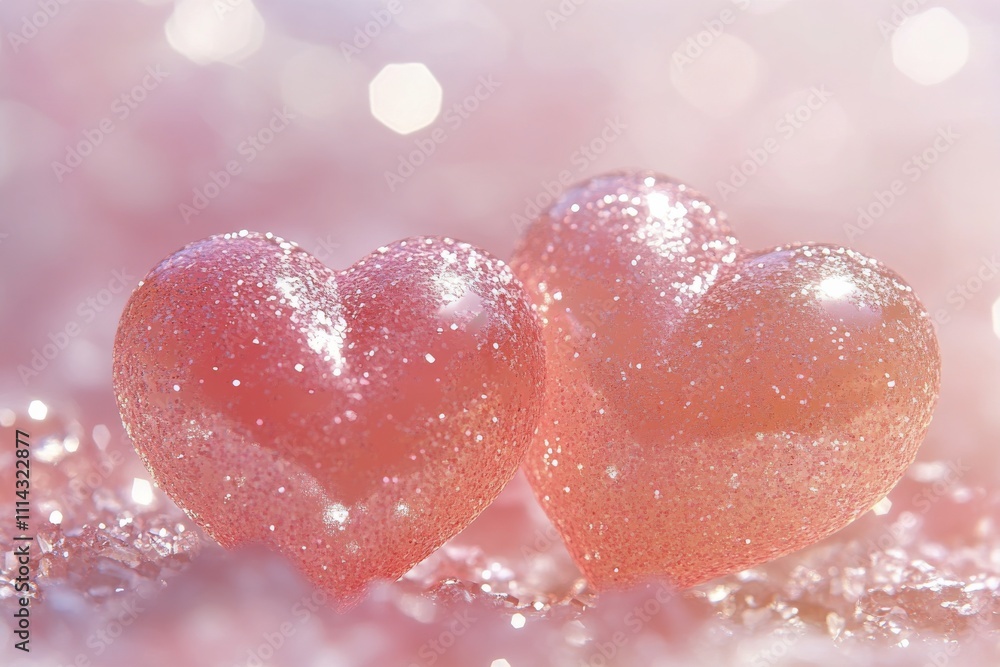 Obraz premium Two glowing pink hearts suspended in sparkling light with a dreamy background