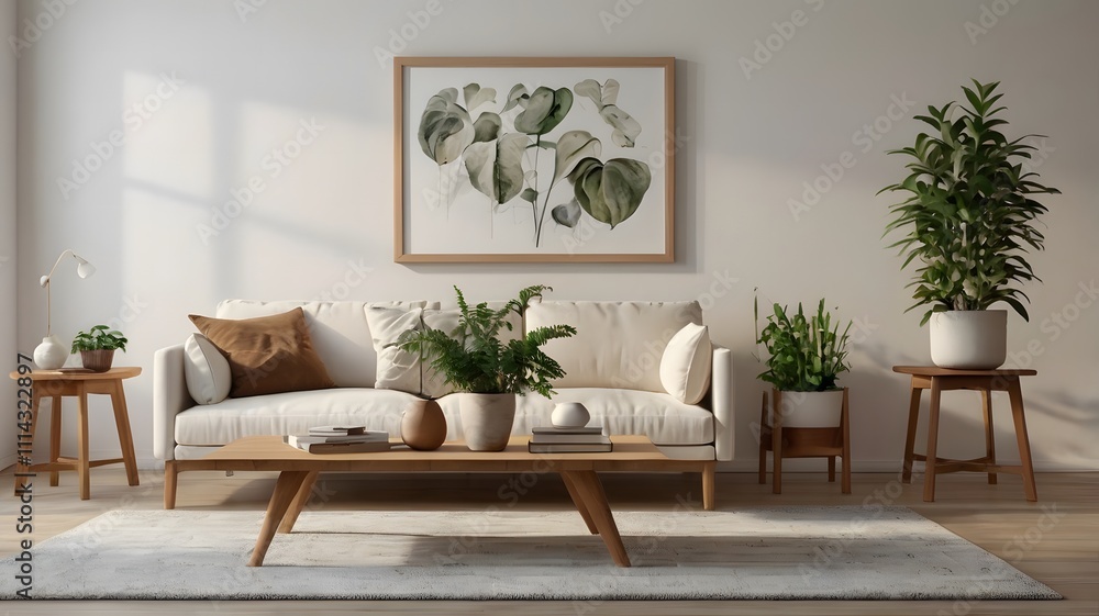 Interior design of living room with cushion at comfortable sofa, wooden side table with plants in vase, elegant accessories and cozy rug. White copy space wall. Minimalist home decor. Template. Interior design of living room with cushion at comfortable sofa, wooden side table with plants in vase, elegant accessories and cozy rug. White copy space wall. Minimalist home decor. Template.