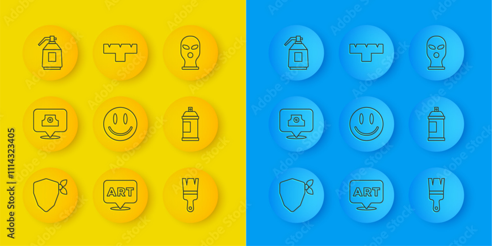 Set line Vandal, Spray can nozzle cap, Smile face, Paint brush, spray, gun, Balaclava and Marker pen attachment icon. Vector Set line Vandal, Spray can nozzle cap, Smile face, Paint brush, spray, gun, Balaclava and Marker pen attachment icon. Vector