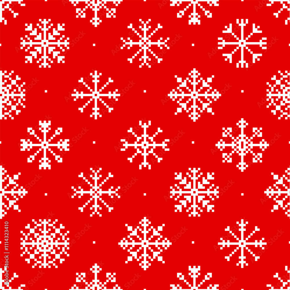 Seamless pattern with white pixel snowflakes on red background. Winter vector Illustration background Seamless pattern with white pixel snowflakes on red background. Winter vector Illustration background
