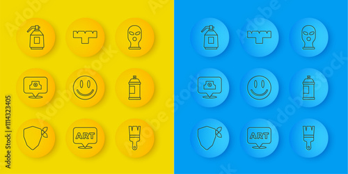 Set line Vandal, Spray can nozzle cap, Smile face, Paint brush, spray, gun, Balaclava and Marker pen attachment icon. Vector