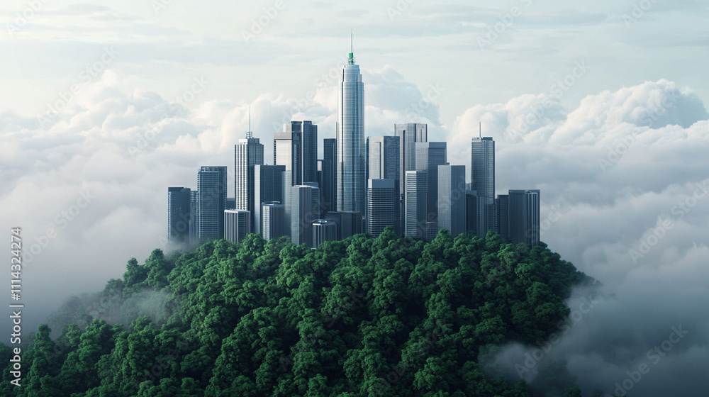 Fototapeta premium Modern skyline rising above a lush green forest and clouds, symbolizing harmony between nature and urban development.