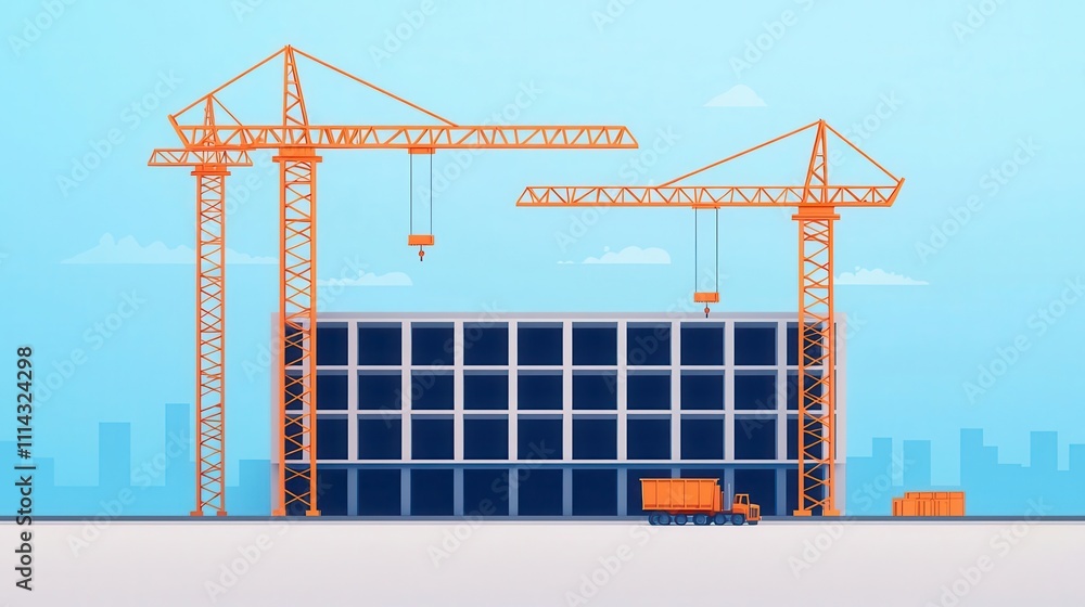 Isometric layout of an airport terminal under construction with cranes lifting steel beams Isometric layout of an airport terminal under construction with cranes lifting steel beams