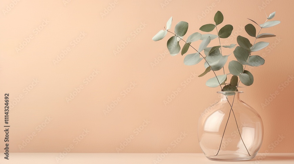 Eucalyptus Branches in a Glass Vase against a Peach Background Eucalyptus Branches in a Glass Vase against a Peach Background