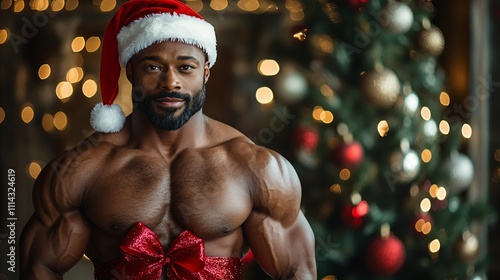 Sexy black man in Santa hat