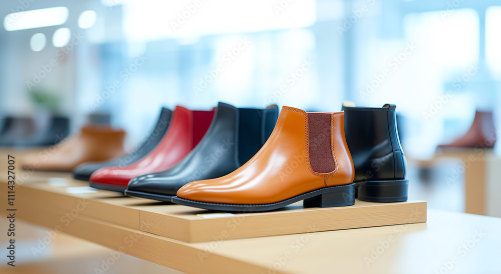 Stylish leather ankle boots in various colors displayed on shelf, showcasing modern design and craftsmanship. Perfect for fashion forward individuals Stylish leather ankle boots in various colors displayed on shelf, showcasing modern design and craftsmanship. Perfect for fashion forward individuals