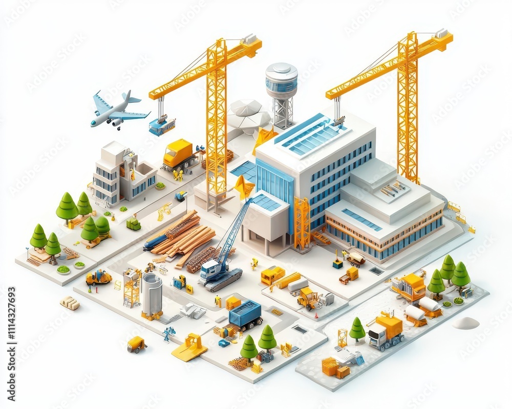 Isometric view of a new airport terminal with cranes lifting structural beams Isometric view of a new airport terminal with cranes lifting structural beams