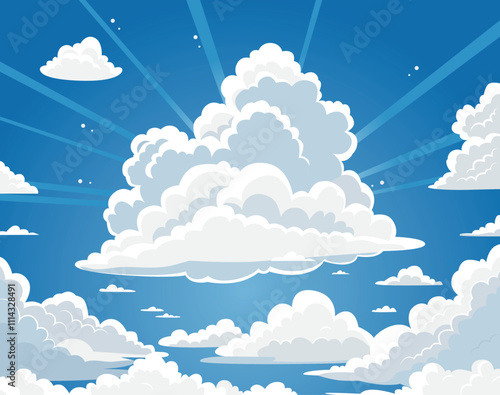 Cloud sunny background. Blue sky with white clouds and sun