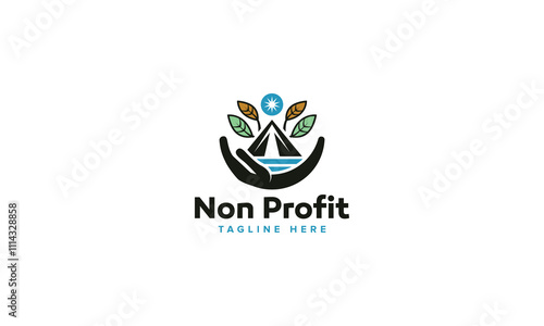 Creative Logos for Nonprofits, Collection of Community Care Designs with Hand Leaf Mountain River Sun