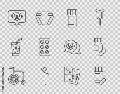 Set line Wheelchair, Medicine bottle and pills, Crutch or crutches, Grandfather, Pills blister pack, Domino and icon. Vector