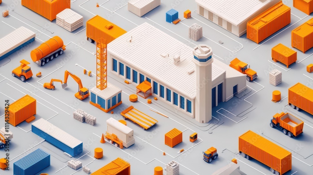 Isometric view of an airport under construction with scaffolding and machinery Isometric view of an airport under construction with scaffolding and machinery