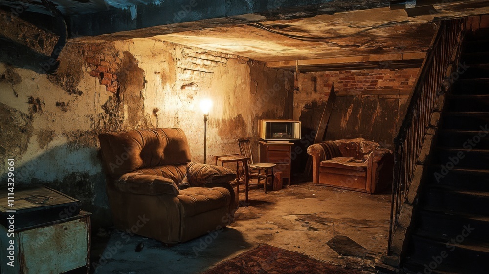 a creepy, abandoned basement with crumbling walls, broken furniture a creepy, abandoned basement with crumbling walls, broken furniture