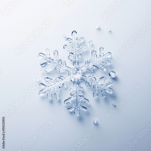 A single snowflake magnified and isolated on a plain white background