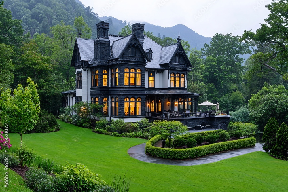 A stately, lit-up mansion at dusk, framed by trees. A stately, lit-up mansion at dusk, framed by trees.