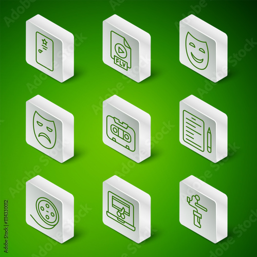 Set line Gimbal stabilizer for camera, Video recorder on laptop, Backstage, Retro audio cassette tape, Drama theatrical mask, FLV file document, Film reel and Scenario icon. Vector